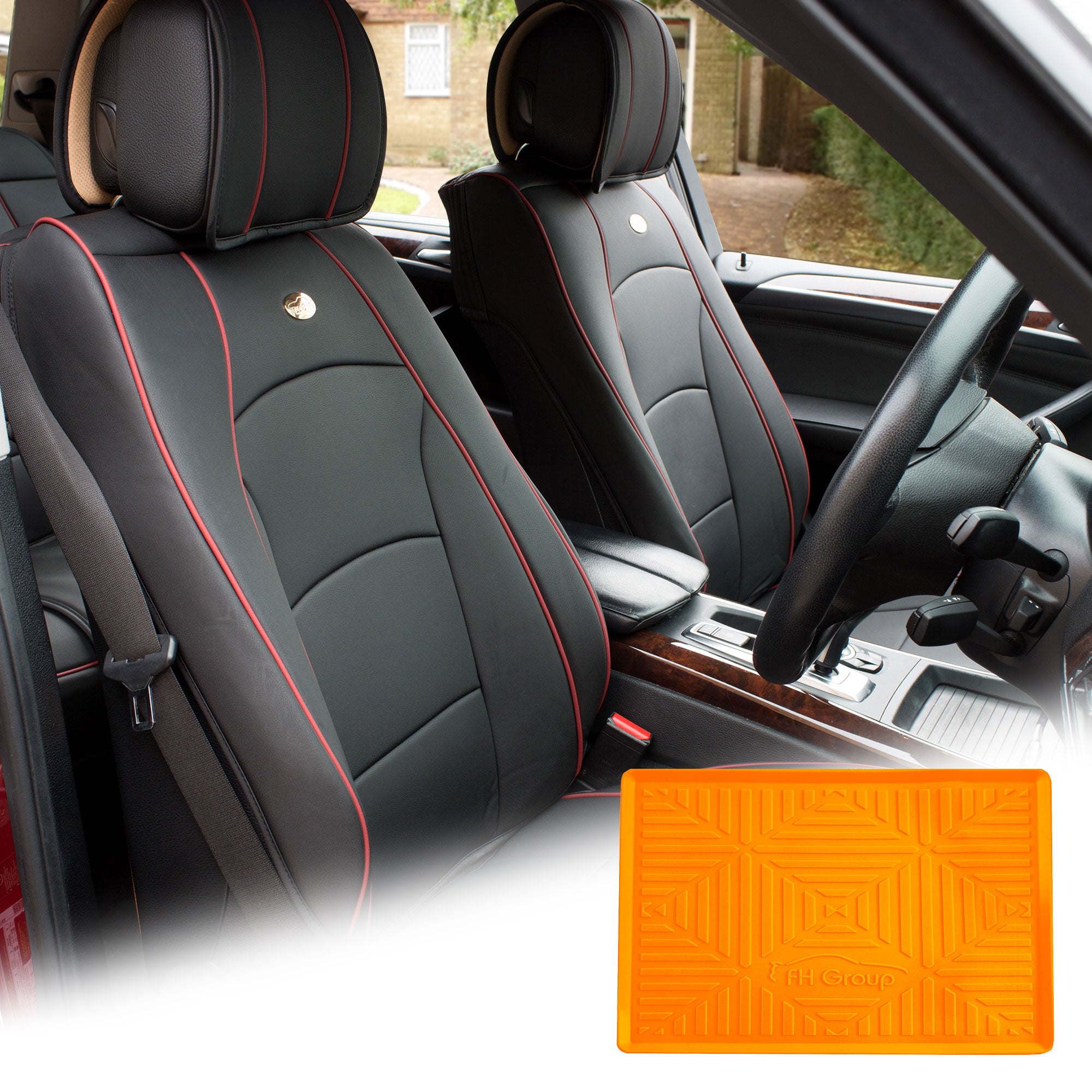 FH Group Black Leatherette Front Bucket Seat Cushion Covers for Auto Car SUV Truck Van with Orange Dash Mat Combo