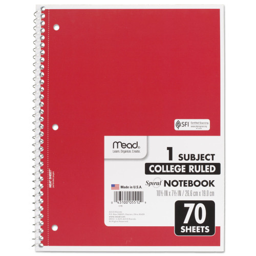 Mead Spiral Notebook， 1 Subject， Medium/College Rule， Assorted Color Covers， 10.5 x 7.5， 70 Sheets (05512)