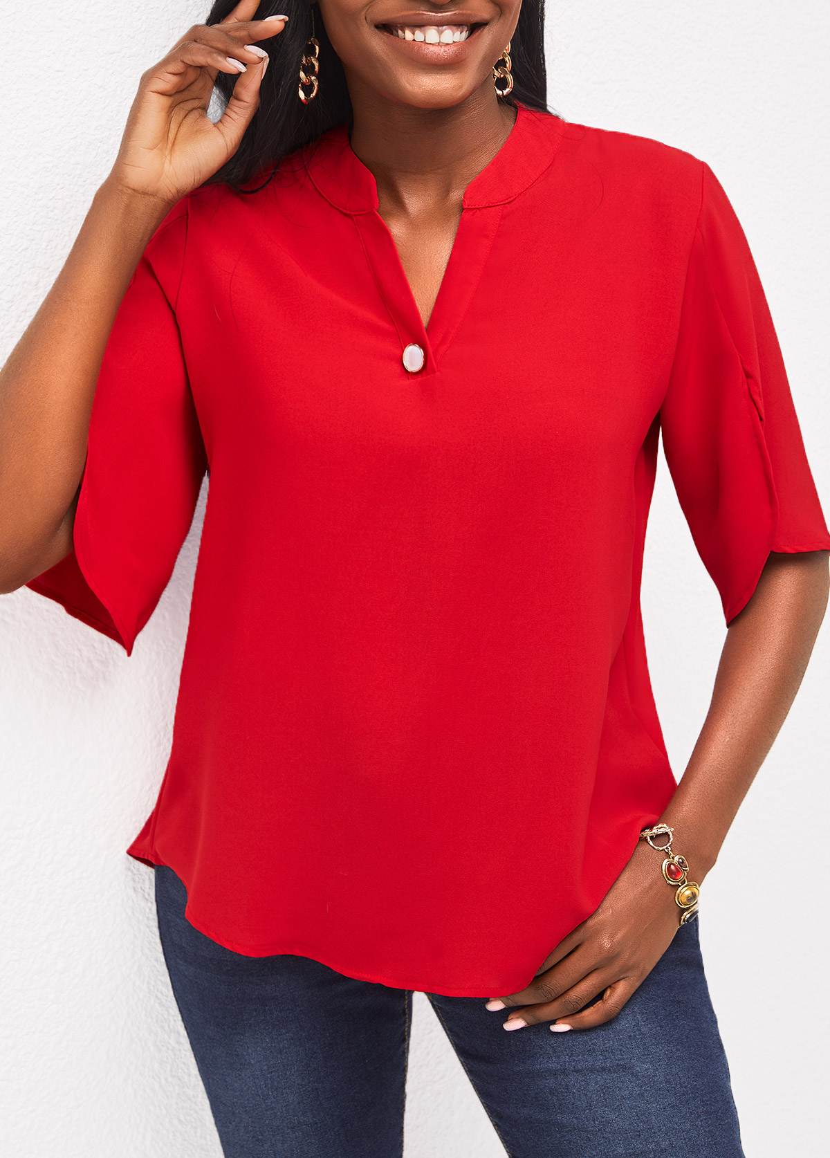 Half Sleeve Split Neck Red Blouse