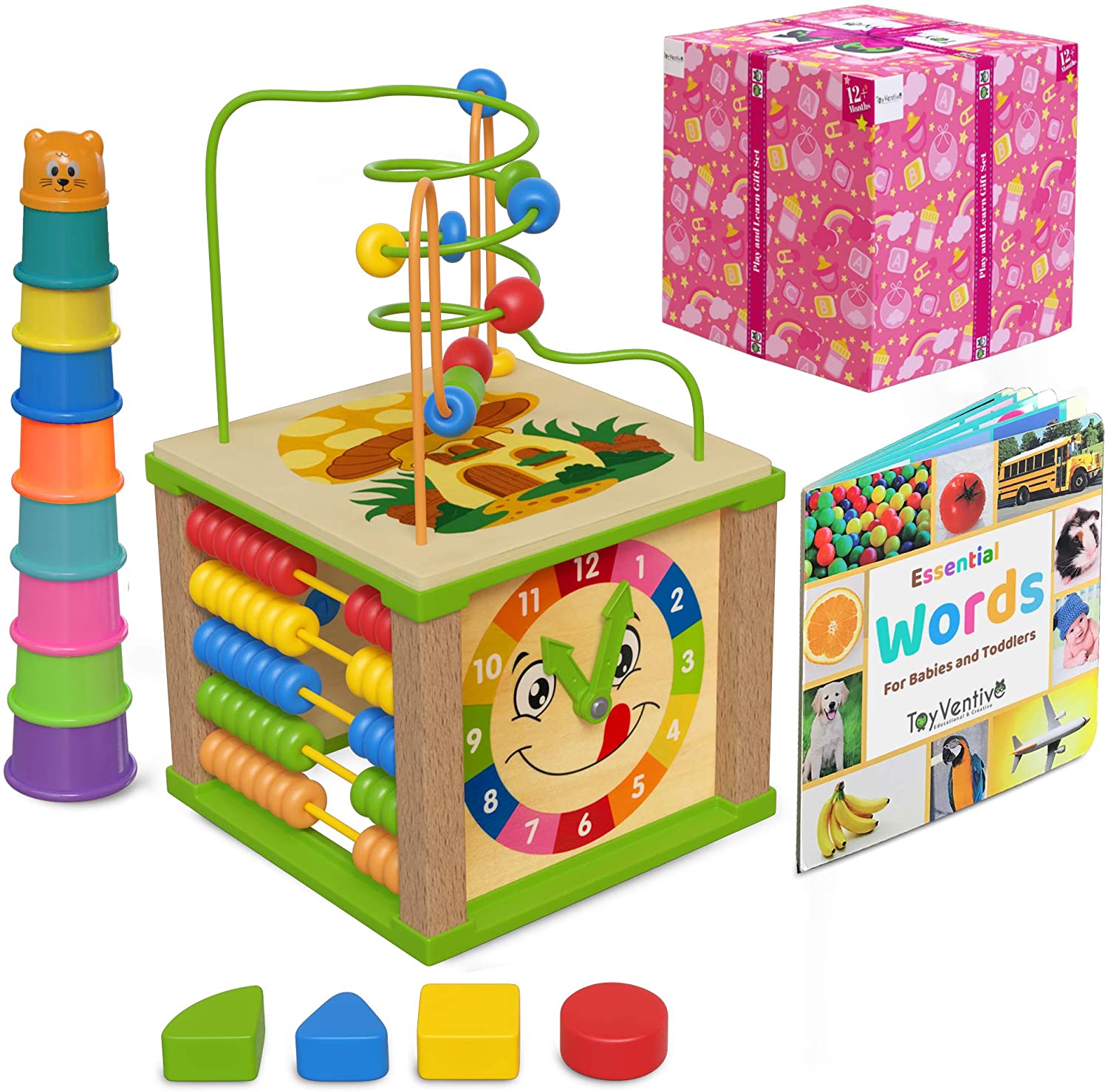 TOYVENTIVE Wooden Kids Baby Activity Cube， Toddler Educational， Toys 12-18 Months