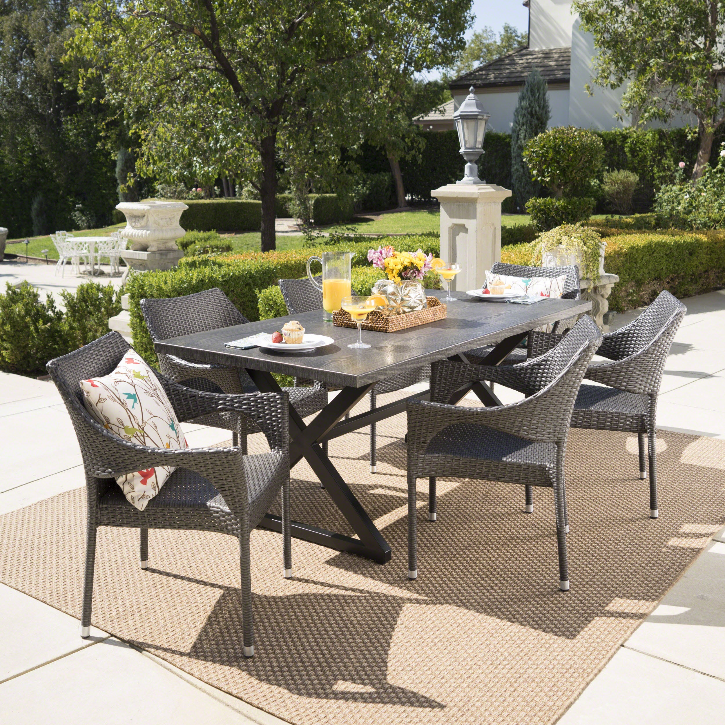 Graywood Outdoor 7 Piece Wicker Dining Set with Rectangular Aluminum Table