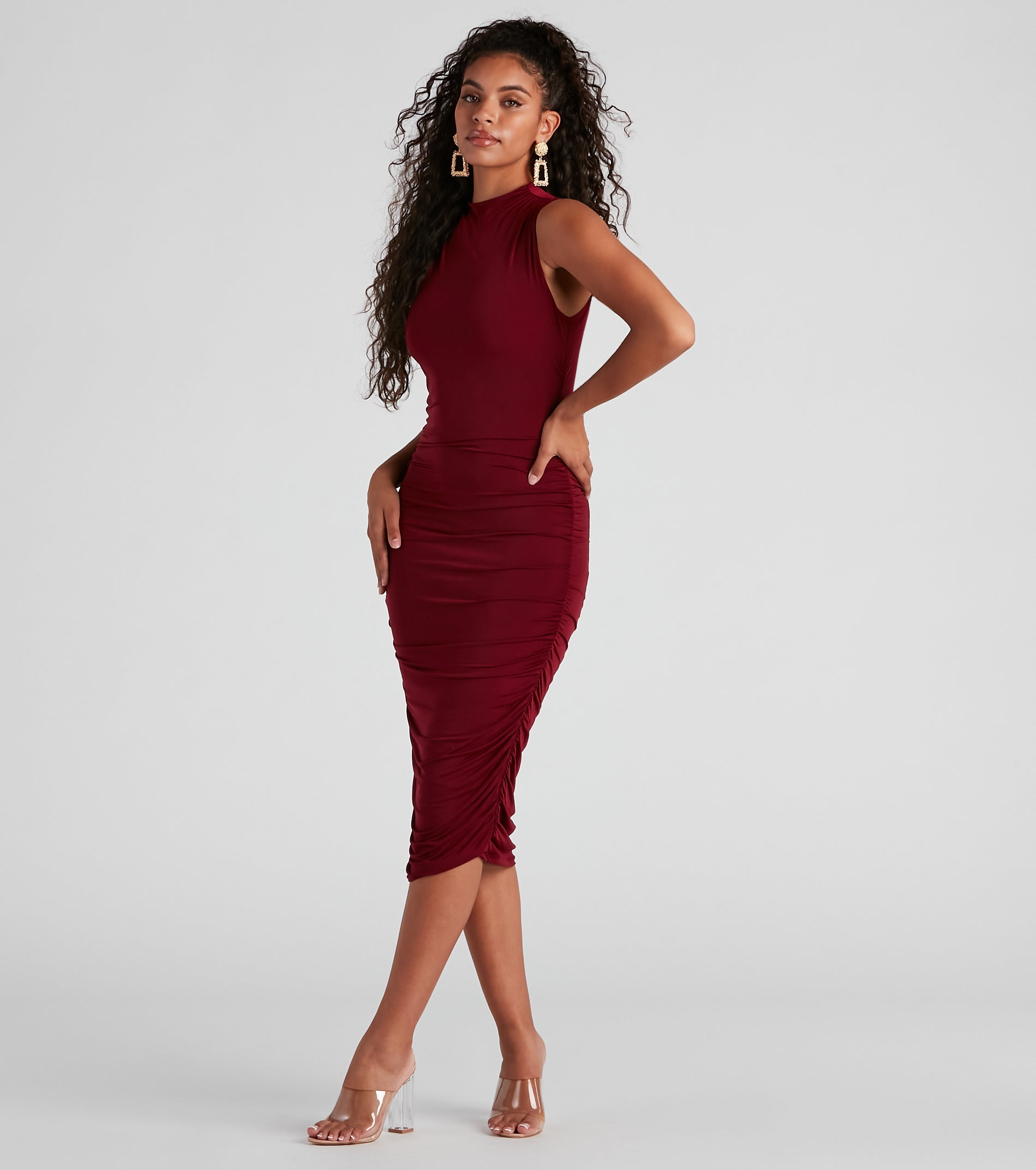 Curves Ahead Sleeveless Ruched Midi Dress