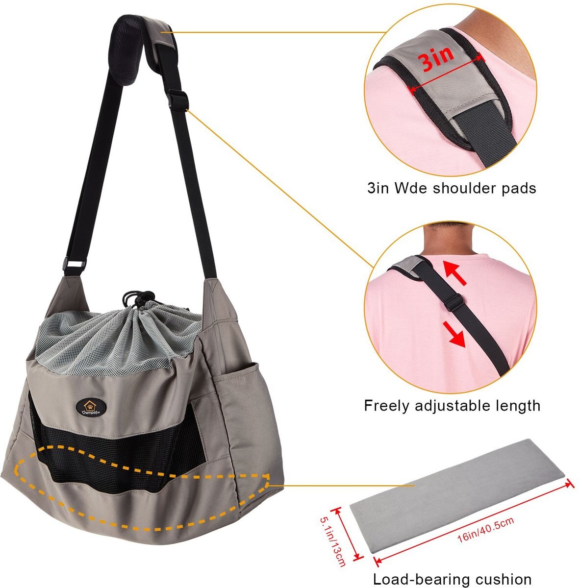 Ownpets Foldable Sling Carrier for Puppies， Small Dogs and Cats， Grey