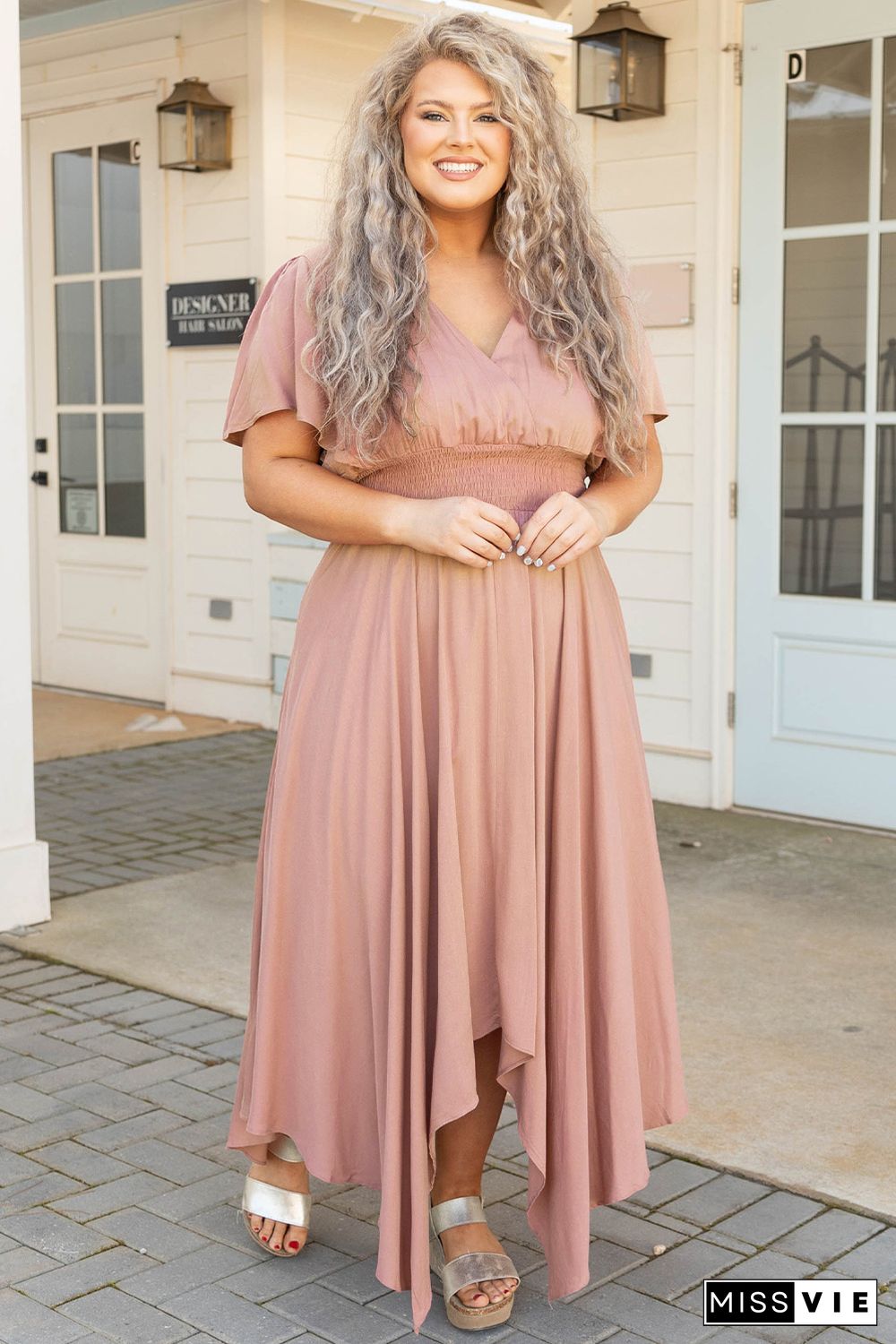 Pink Wrap V Neck Plus Size Handkerchief Dress