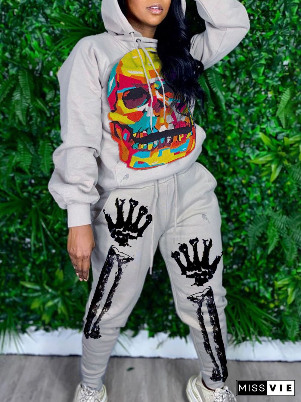 Fall Skeleton Halloween Printed Thick Hoodie Sweatpants Set