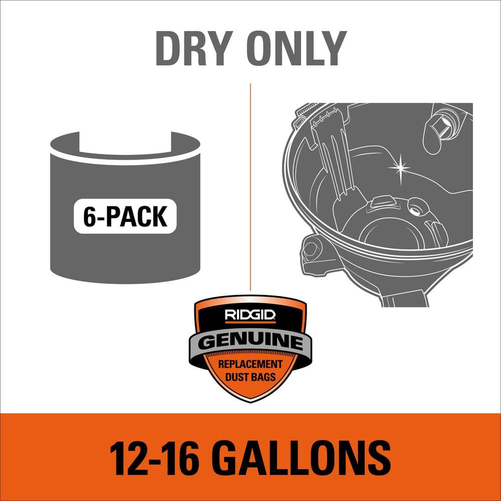 RIDGID High-Efficiency Size A Dust Collection Bags for 12 to 16 Gallon RIDGID Wet/Dry Shop Vacuums (6-Pack) VF3502A