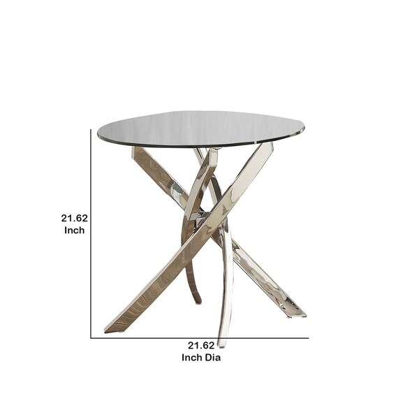 Round Glass Top End Table with Criss Cross Metal Base， Silver