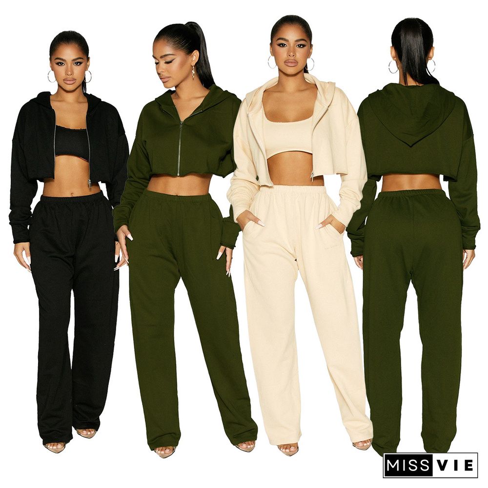 Thicken Zip Hooded Crop Top Wide Leg Pants Set