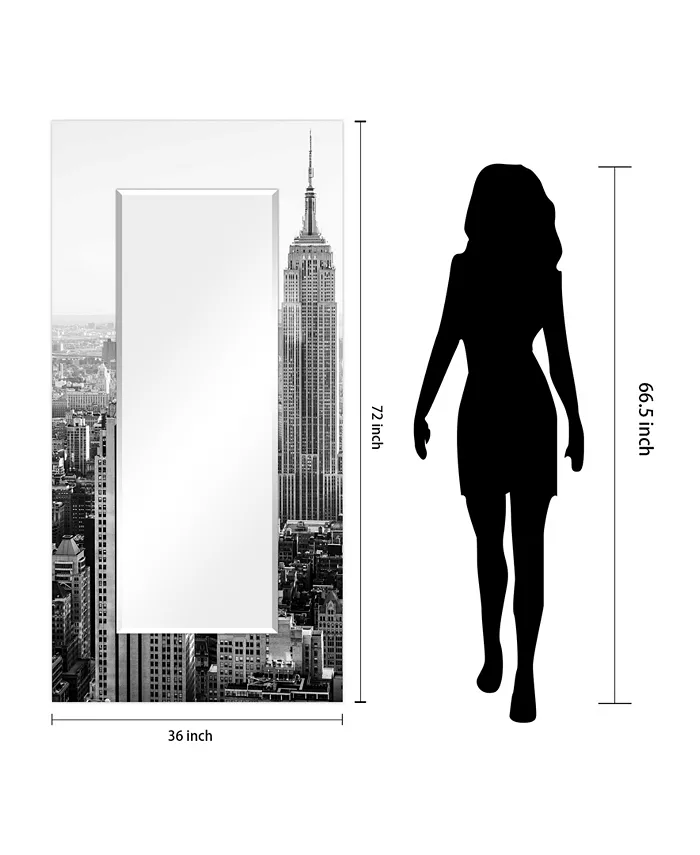 Empire Art Direct My N.Y. Rectangular On Free Floating Printed Tempered Art Glass Beveled Mirror  72 x 36