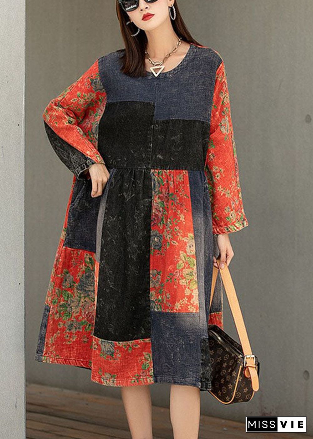 Classy Colorblock Print Patchwork Pockets Fall Maxi Dresses Half Sleeve