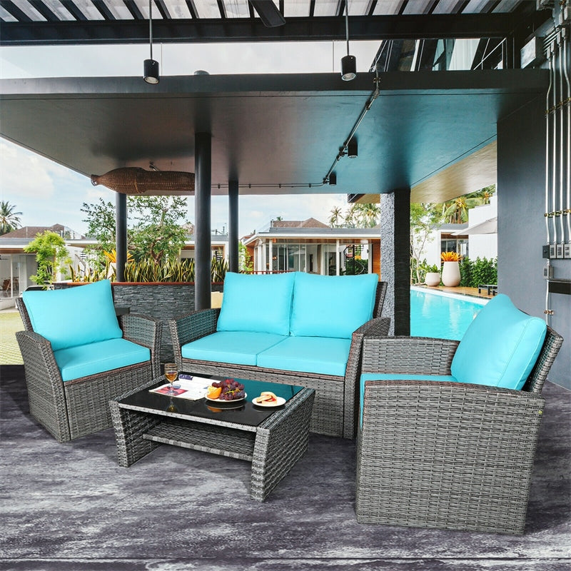 4 Pcs Rattan Patio Sectional Furniture Set with Storage Shelf Table, Cushioned Outdoor Wicker Conversation Sofa Set