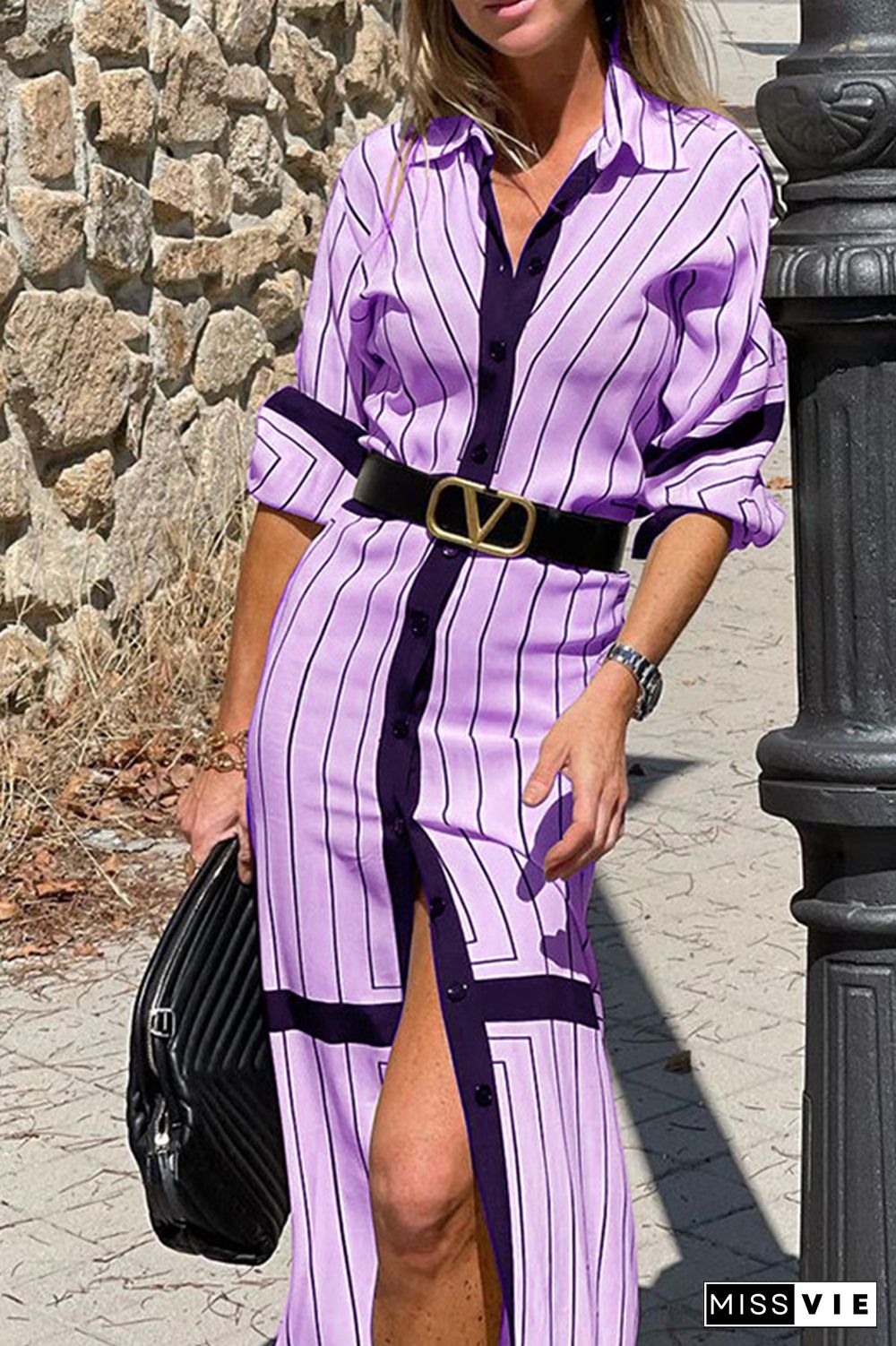 Casual Striped Split Joint Turndown Collar Straight Dresses