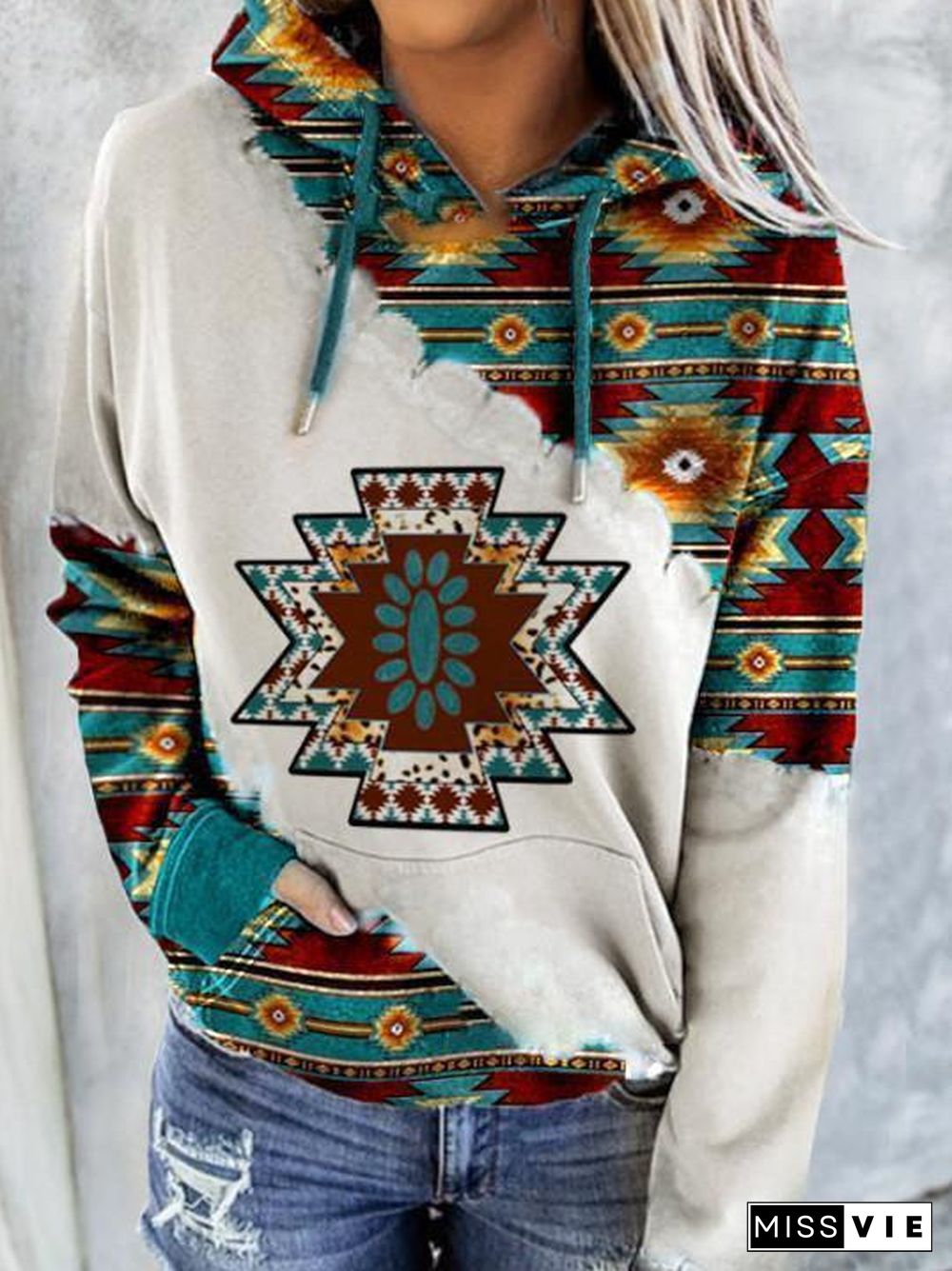 Round Neck Bohemia Printed Hoodie With Hat