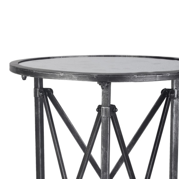 27 Inch Side Table， Round Metal Body， Glass Tabletop， 3 Wheels， Silver