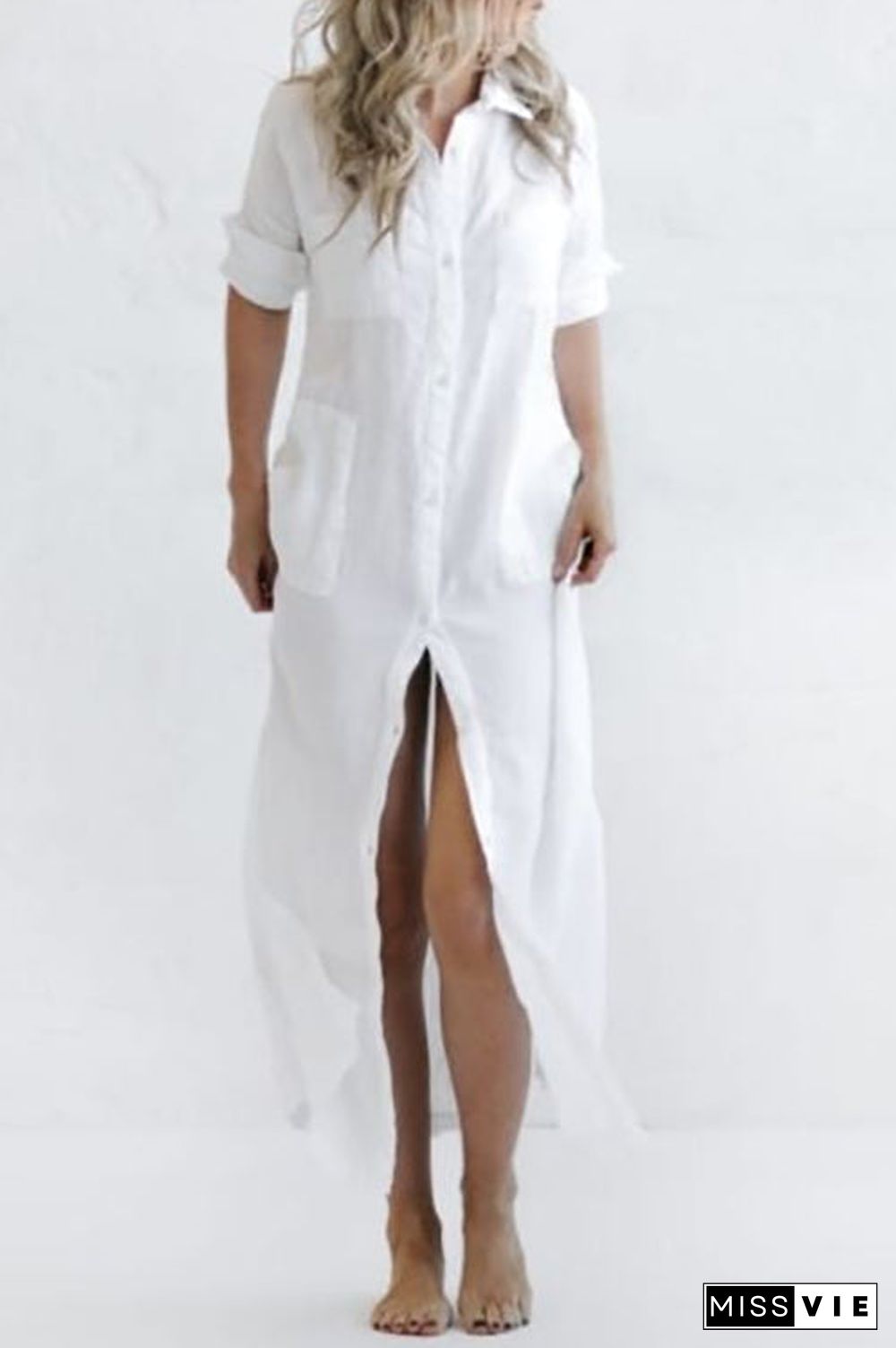 Linen Button Pockets Shirt Maxi Dress