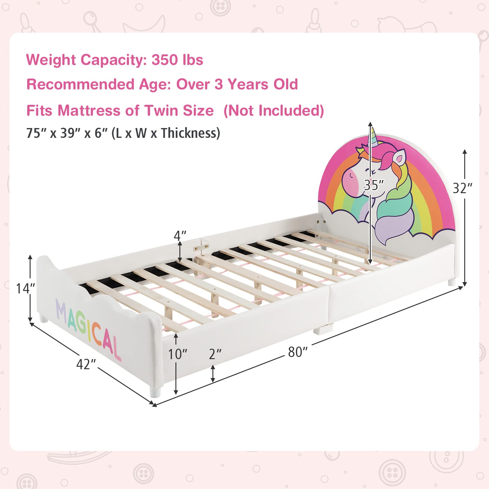 Costzon Twin Bed Frames for Kids, Wood Upholstered Twin Bed Platform with Slat Support