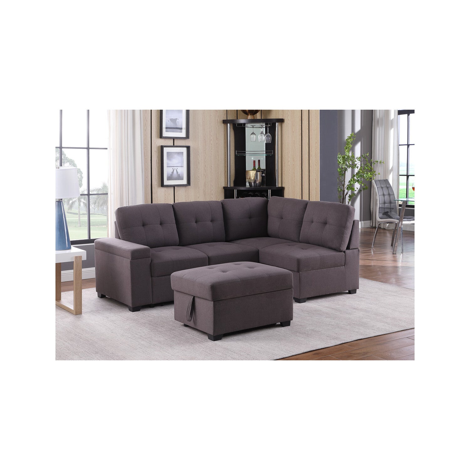 Katie Brown Linen Sleeper Sectional Sofa with Storage Ottoman, Storage Arm