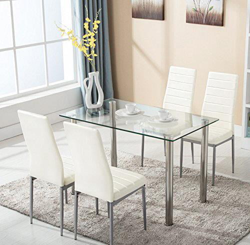 Ktaxon 5 Piece Dining Table Set Dining Table & 4 Leather Chairs,Glass Top Kitchen Dining Room Furniture,White