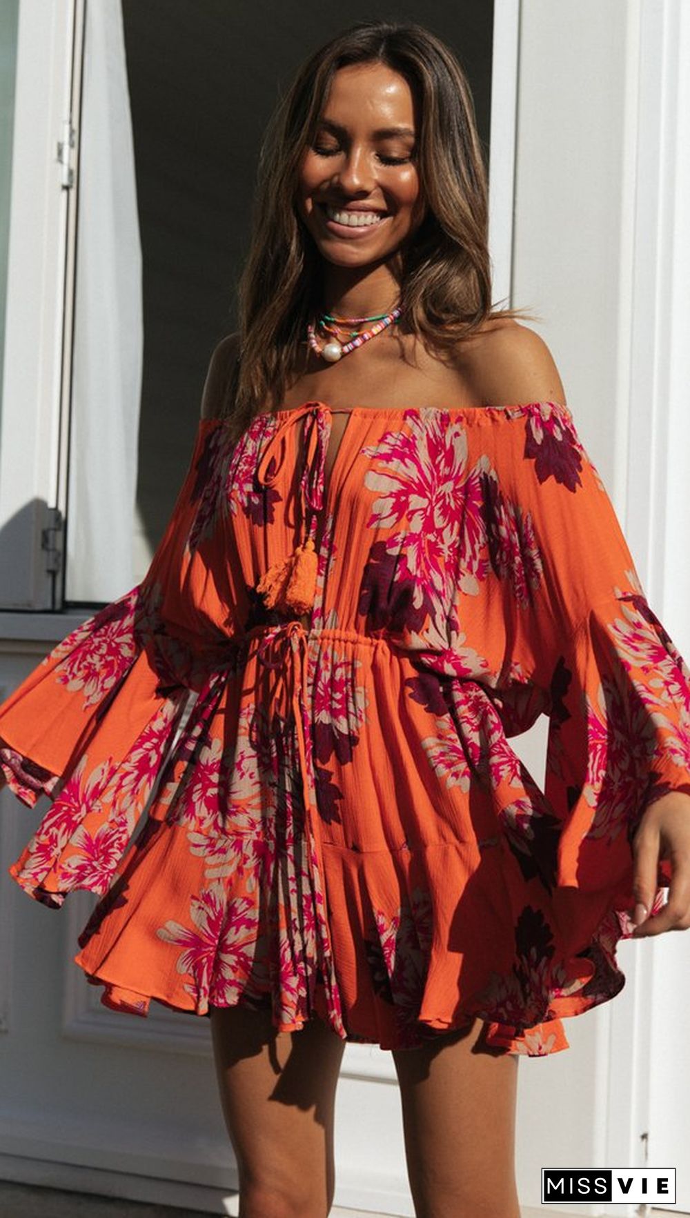 Carrot Floral Off Shoulder Withdraw Rompers