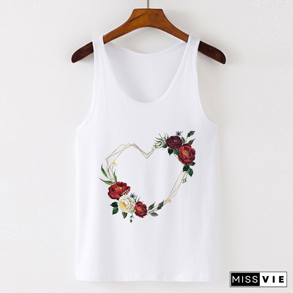 Summer Tank Tops Heart Flower Love Graphic Print Ladies Sexy Vest Camisole Women Tops Tee Tshirt Female Casual Loose Sleeveless