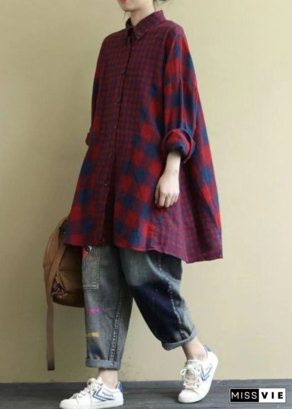 Classy Red Oversized Patchwork Plaid Cotton Shirt Dress Fall