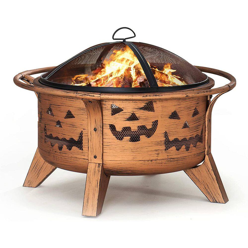 Sunjoy Ambercove 30 In. Outdoor Steel Jack-O-Lantern Motif Round Wood Burning Firepit A301026900