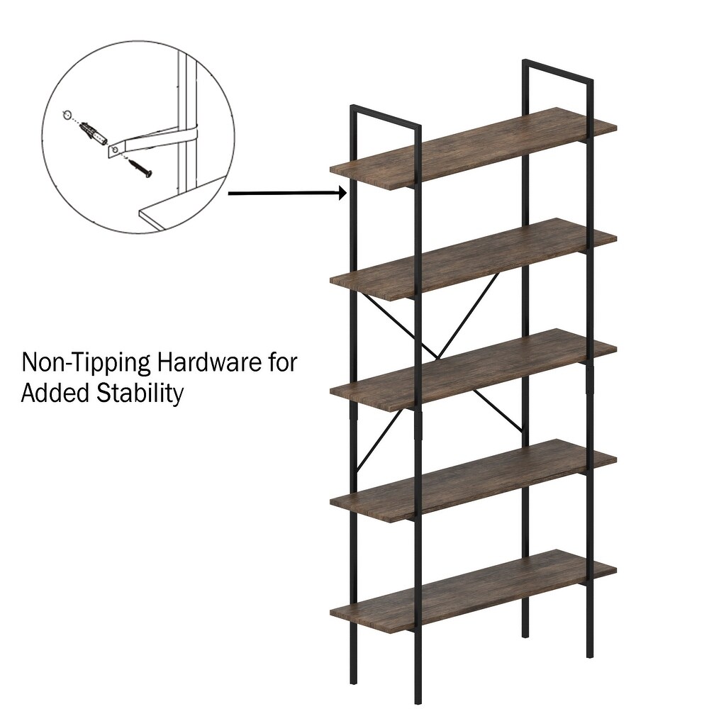 5 Tier Ladder Bookshelf   Freestanding Wooden Bookcase Frame with Leaning Look Shelves by Lavish Home (Walnut)
