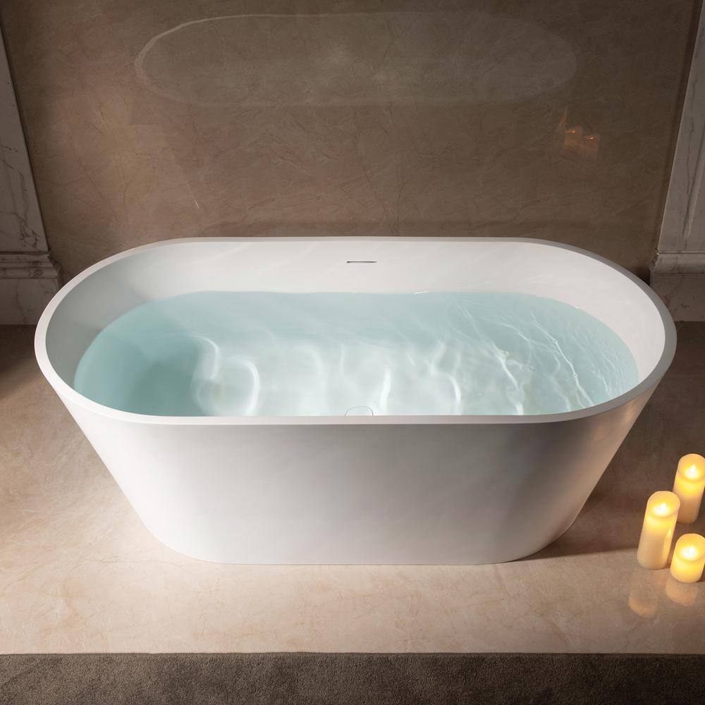 WOODBRIDGE Englewood 59 in. Solid Surface Flatbottom Freestanding Double Ended Soaking Bathtub in Matte White HBT5854