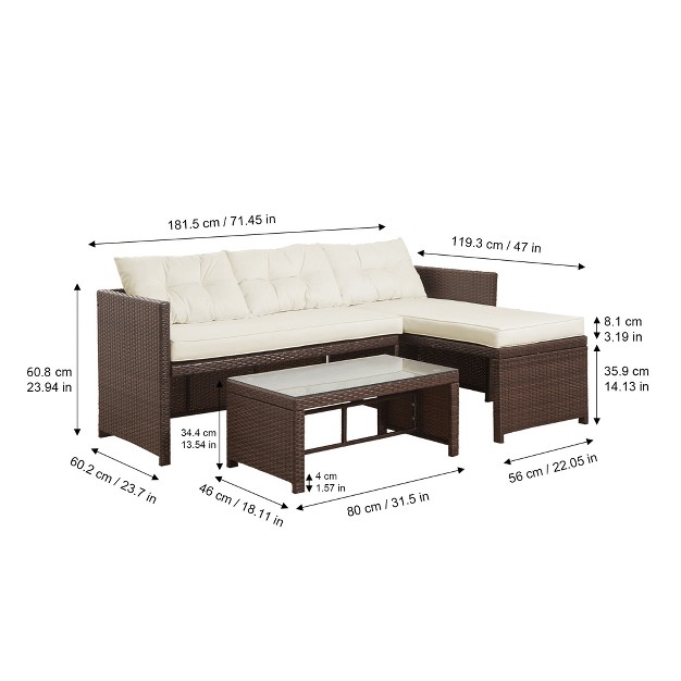 Teamson Home Outdoor 3 piece Rattan Patio Set With Loveseat Chaise Lounge Table Brown white