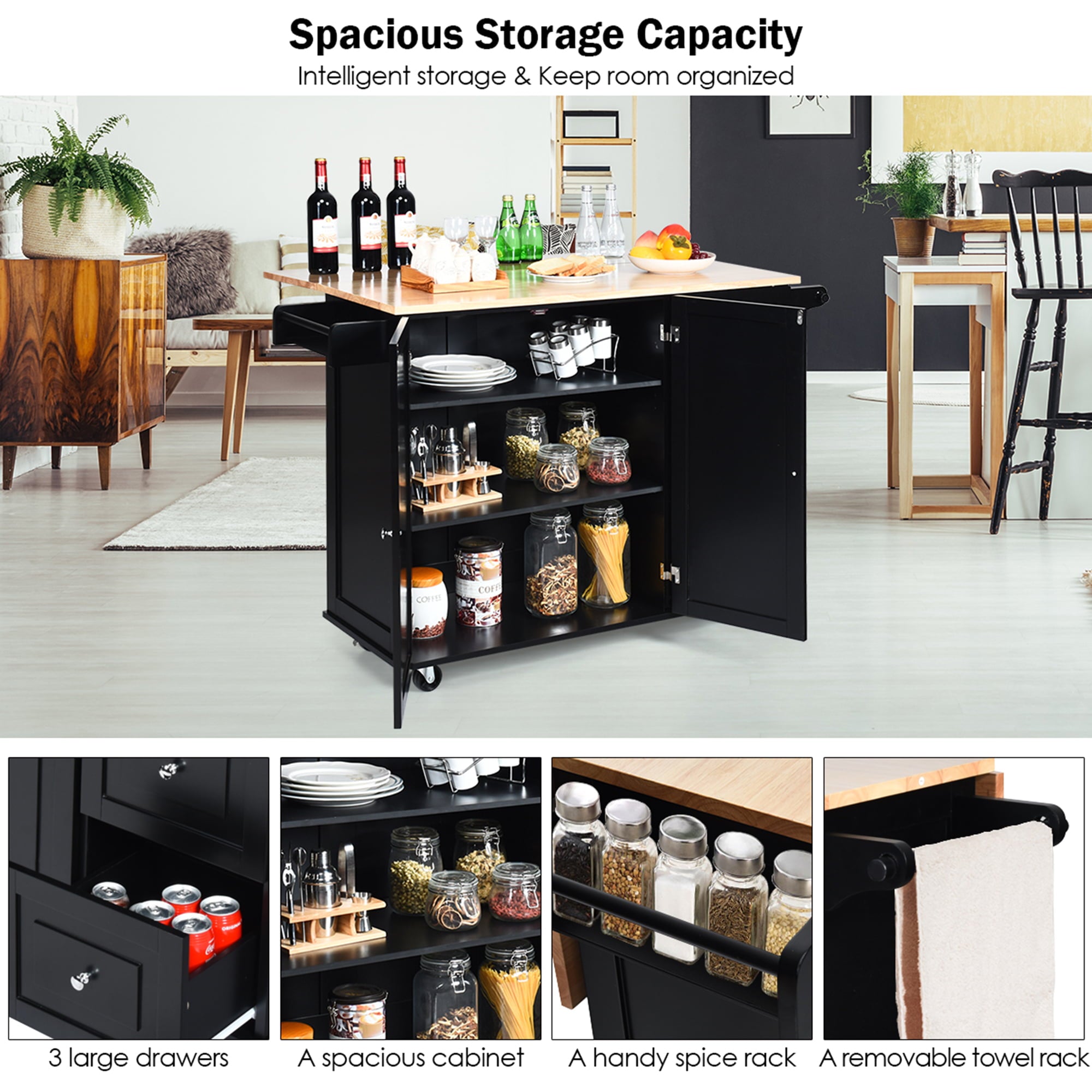 Gymax Drop-Leaf Kitchen Island Trolley Cart Wood Storage Cabinet w/ Spice Rack Black