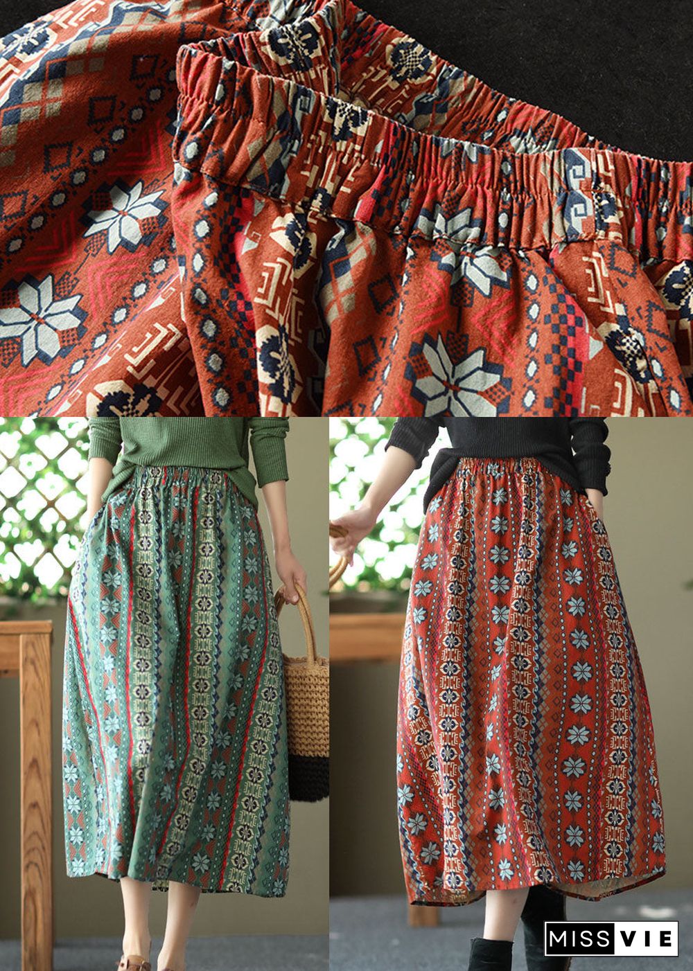 Green Pockets Print Linen Skirts High Waist Summer