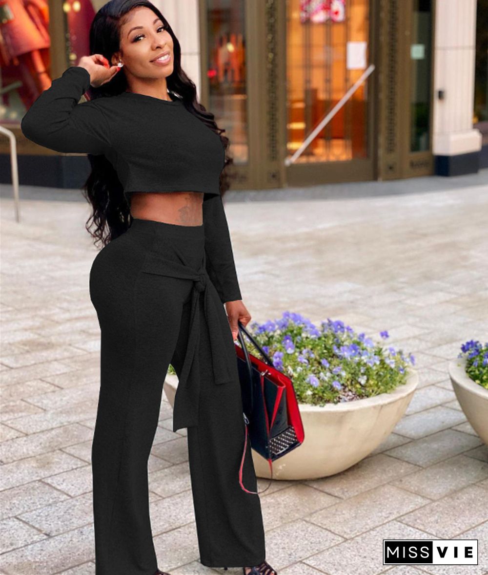 Solid Long Sleeve Crop Top Bandage Straight Pants Set