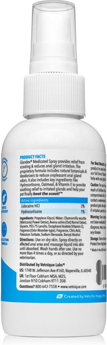 Vetnique Labs Glandex Anal Gland Medicated Anti Itch Spray for Dogs and Cats， 4-oz bottle