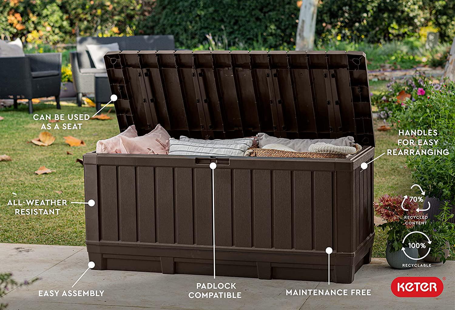 Keter Kentwood 90 Gallon Resin Deck Box-Organization and Storage for Patio Furniture Outdoor Cushions, Throw Pillows, Garden Tools and Pool Toys, Brown