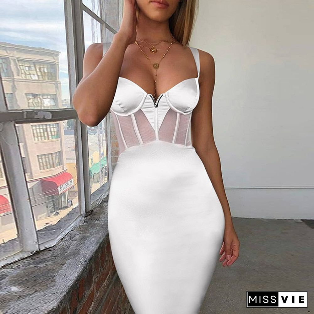 Bandage Dress Summer Women's Black Bodycon Dress Rayon Mesh Insert Ladies White Red Sexy Party Dress Evening Club Outfits