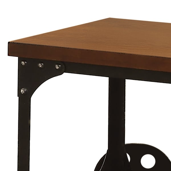 Industrial Style Solid Wooden End Table With Metal Accents and Wheels， Brown