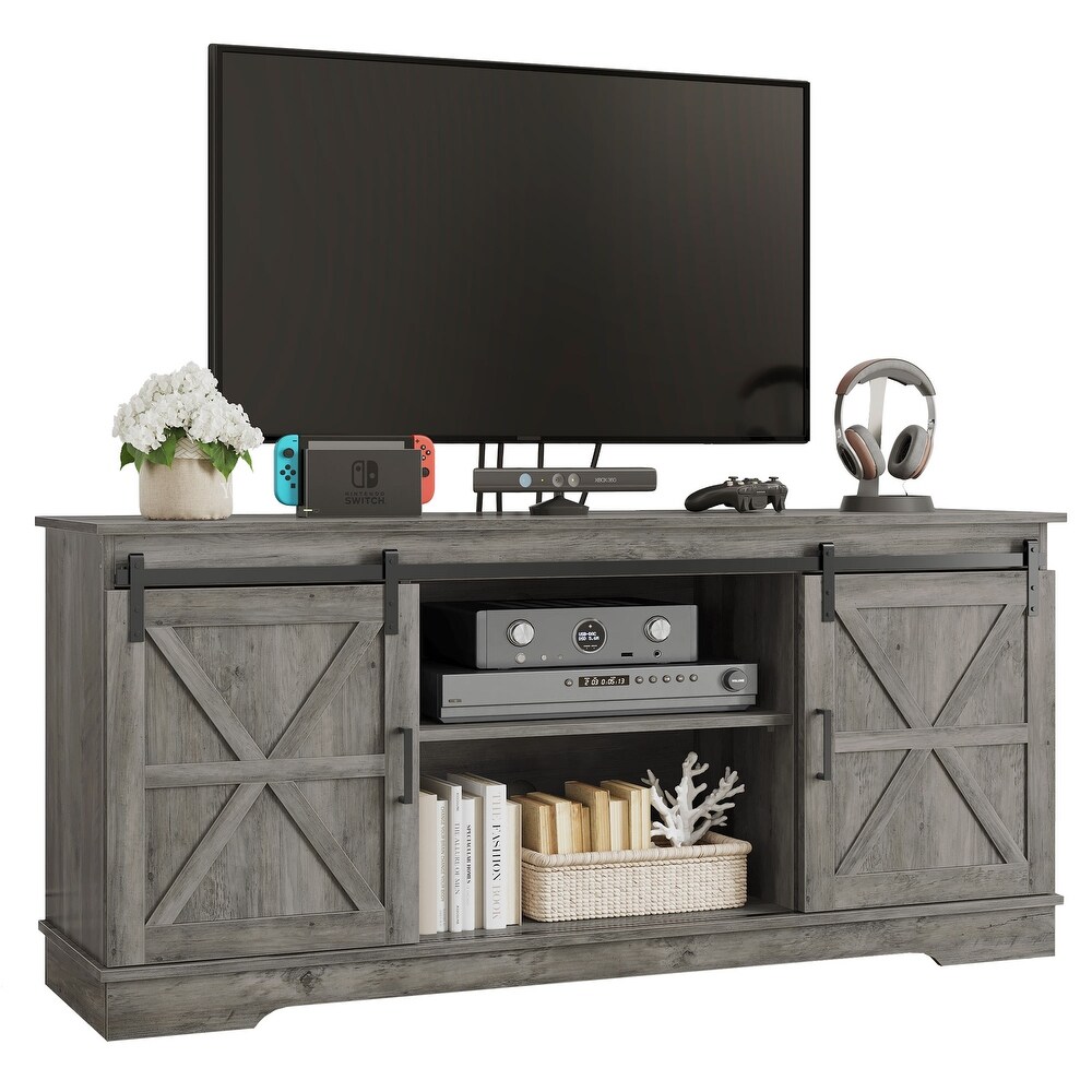 Farmhouse Wood TV Stand 59 inch Sliding Barn Door Entertainment Center for TV up tp 65\