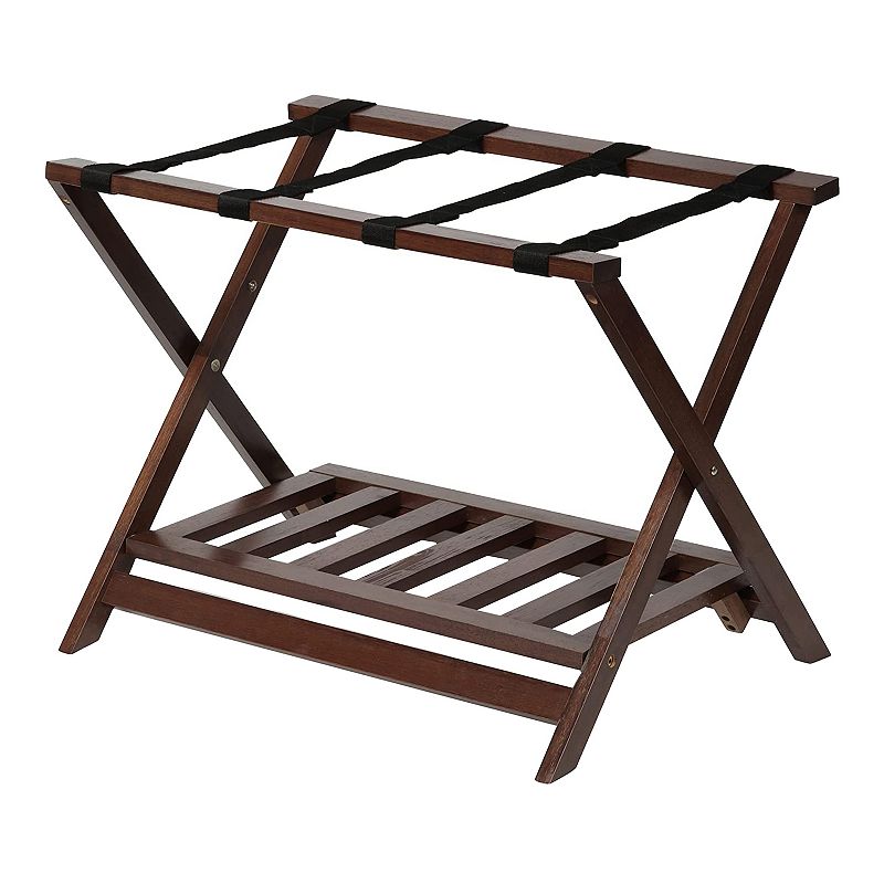 Pj Wood Hotel Style Home Folding Suitcase Luggage Rack W/shelf， Walnut (2 Pack)