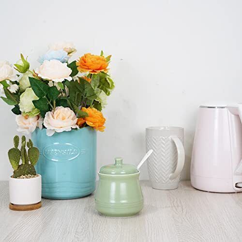 Ceramic Sugar Bowl with Lid and Spoon， 12oz Farmhouse Sugar Jar， Porcelain Sugar