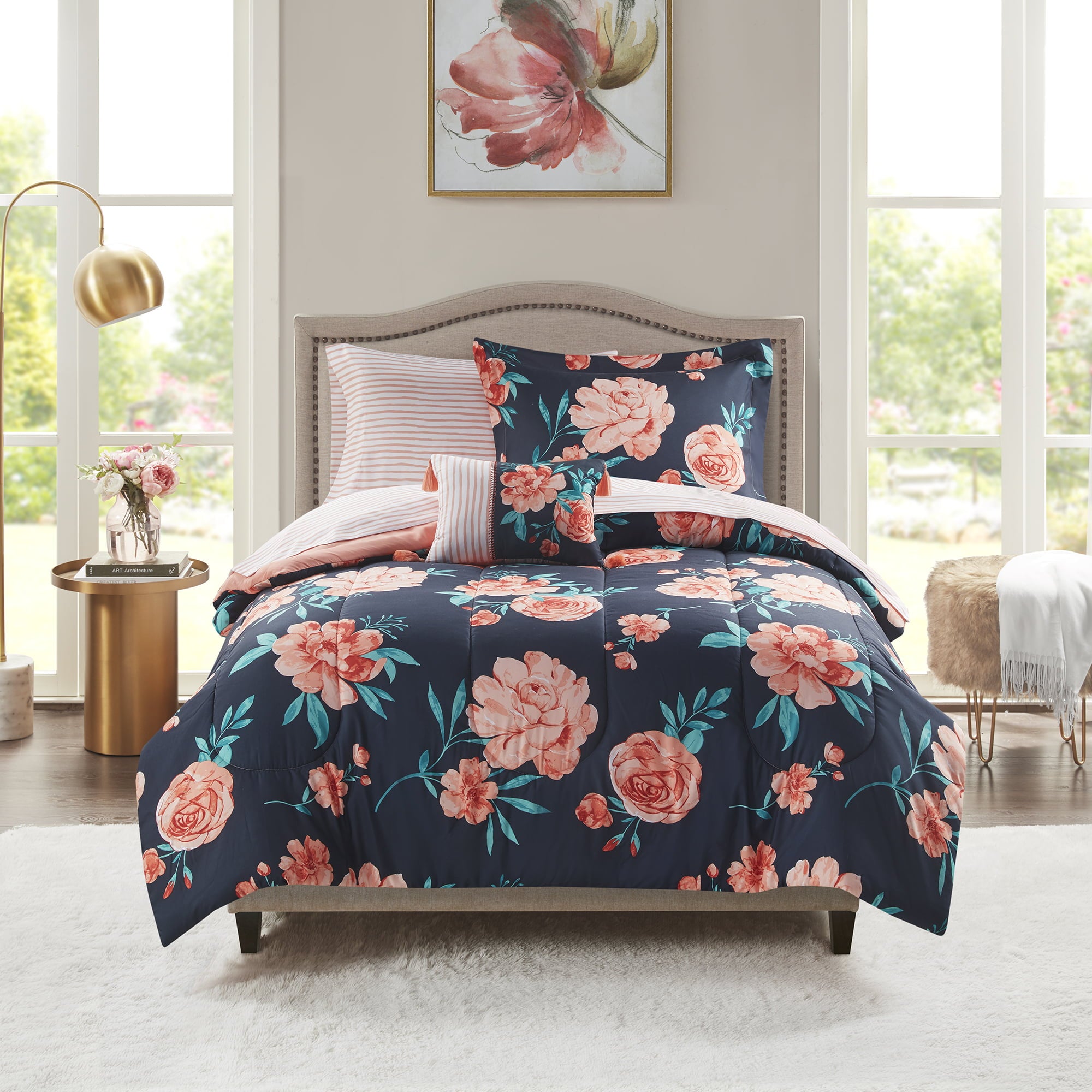 Mainstays Peach Floral 6 Piece Bed in a Bag Comforter Set with Sheets， Twin/Twin XL