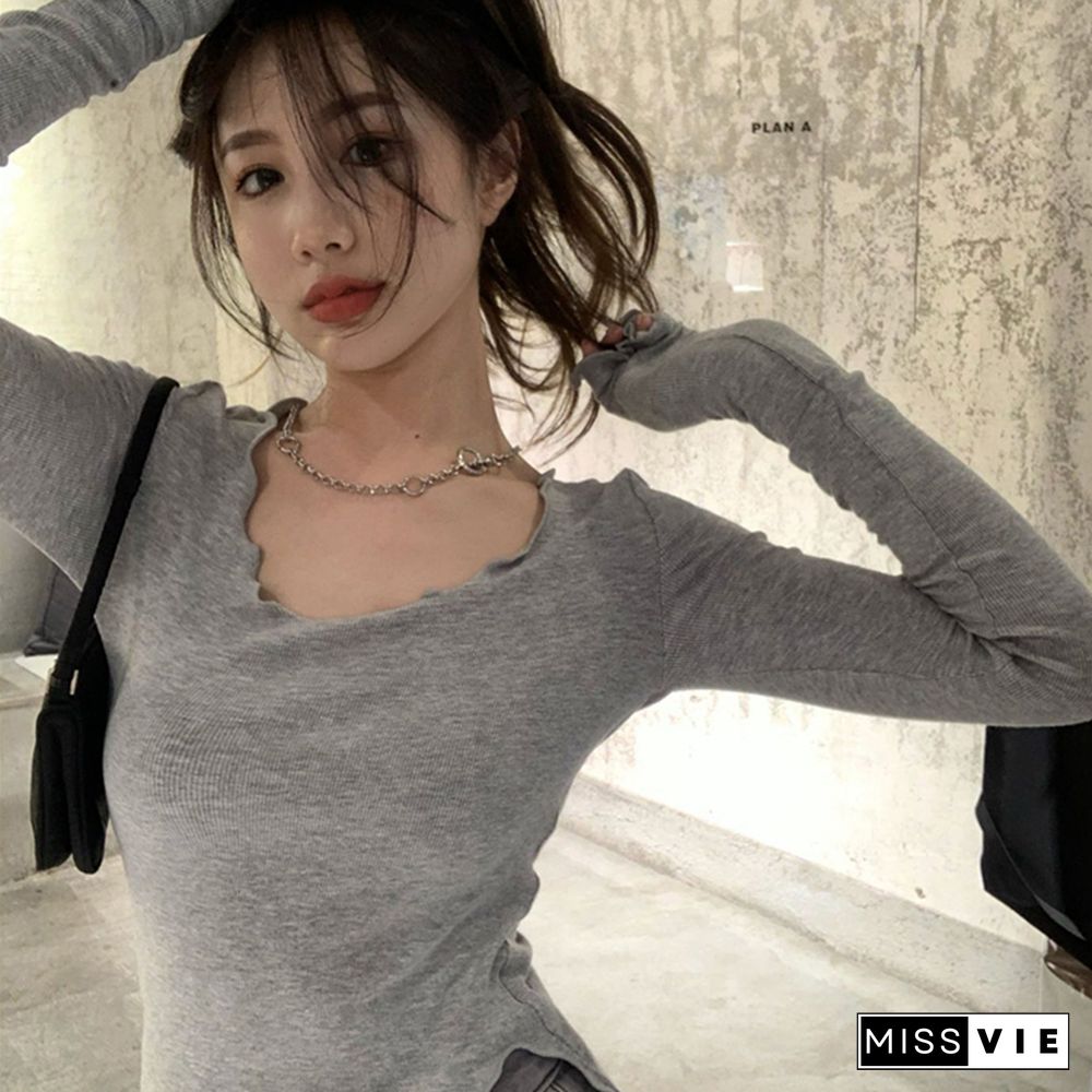 Long Sleeve T-shirts Women Fungus Line Irregular Hem Knitted Slender Autumn Bottoming Tees Chic Fashion Sexy Solid Ulzzang New