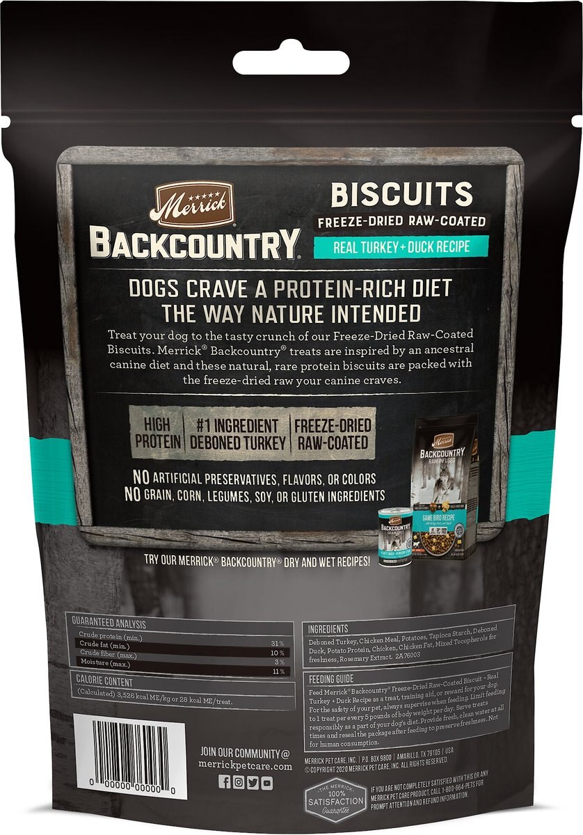 Merrick Backcountry Biscuits Real Turkey + Duck Recipe Grain-Free Freeze-Dried Raw Coated Dog Treats