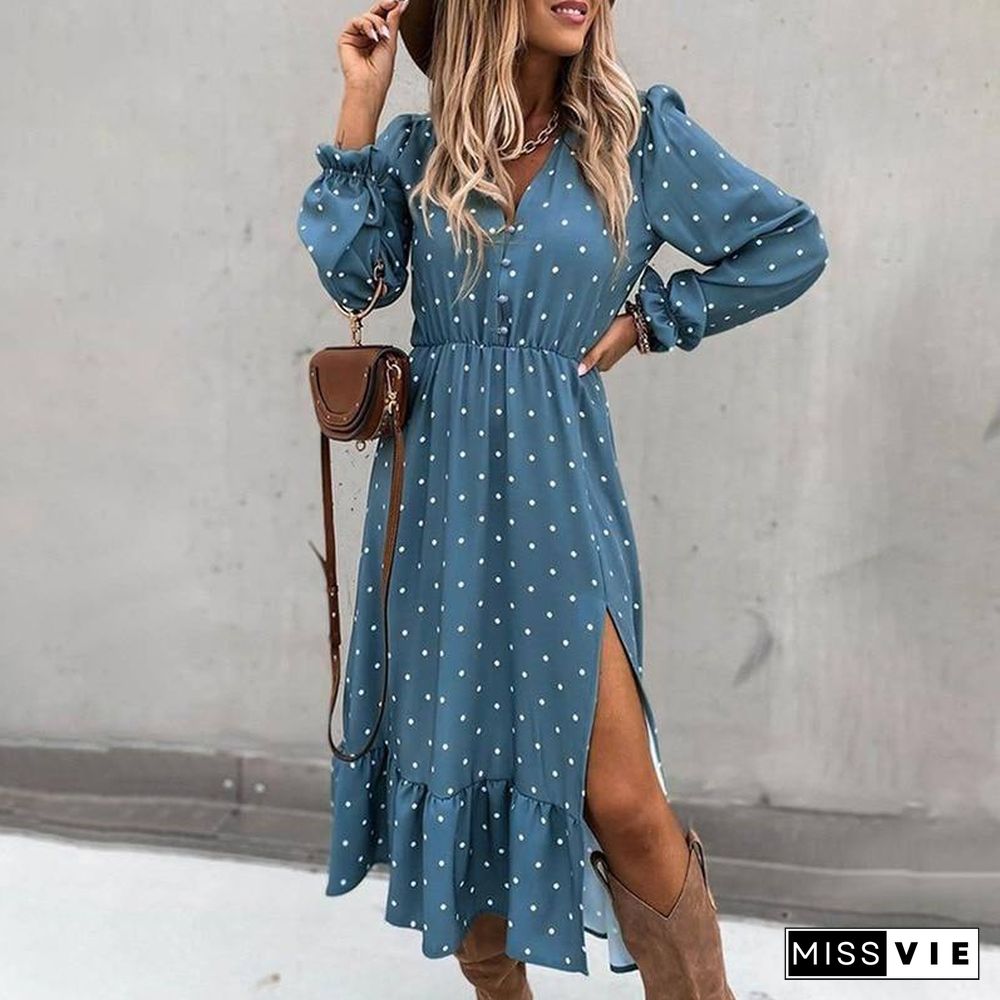 New Winter Autumn Woman Clothes Black V-neck Long Sleeve Dress Polka Dot Printing Slit Dresses Fashion Fall Women Clothing