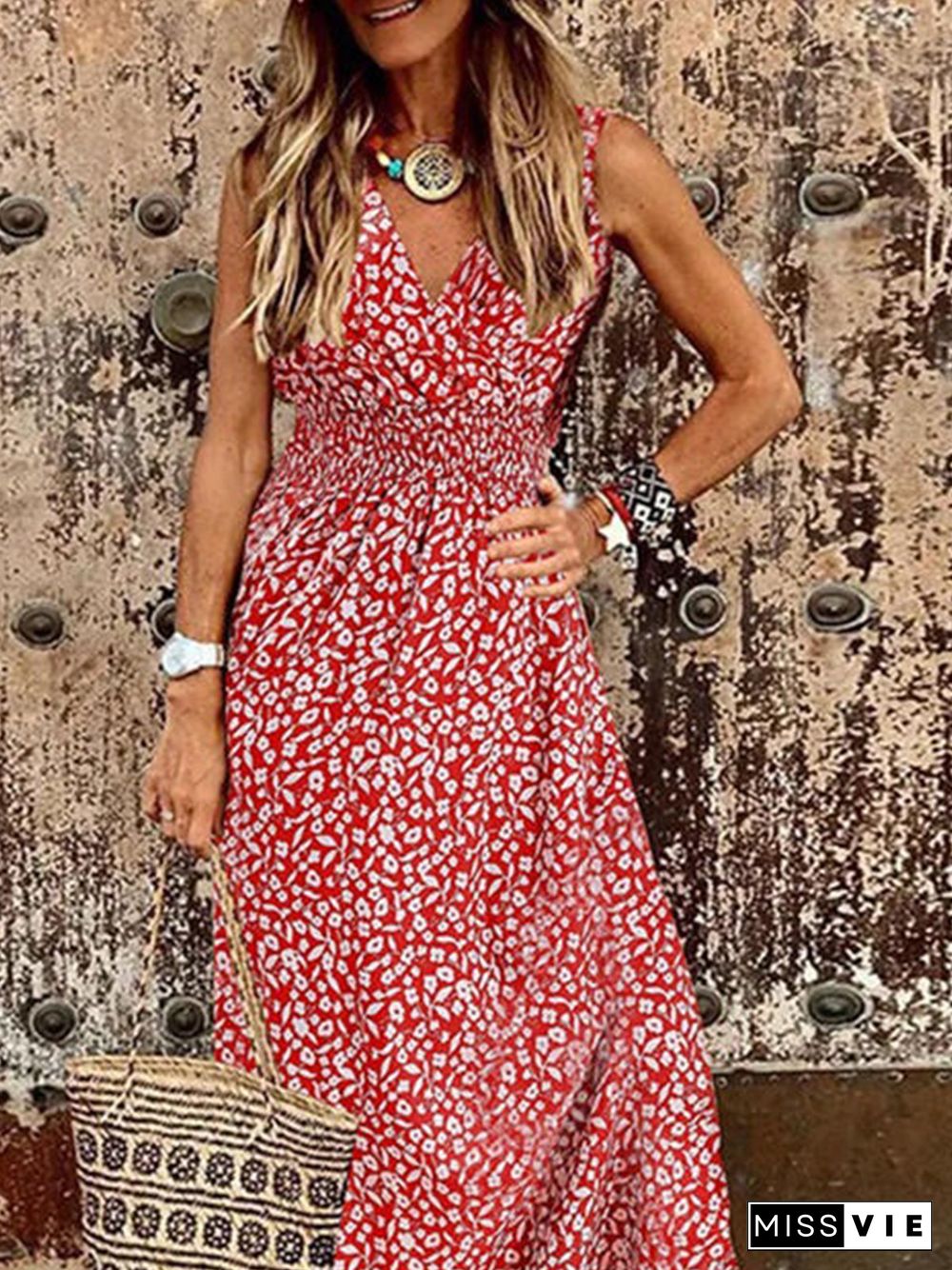 Floral Boho V Neck Vacation A-Line Dresses