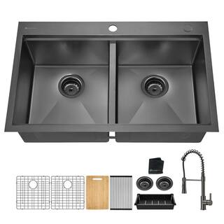 Glacier Bay 33 in. Gunmetal Black Stainless Steel Double Bowl Dual Mount Workstation Kitchen Sink with Black Spring Neck Faucet ACS3322A2T-FW