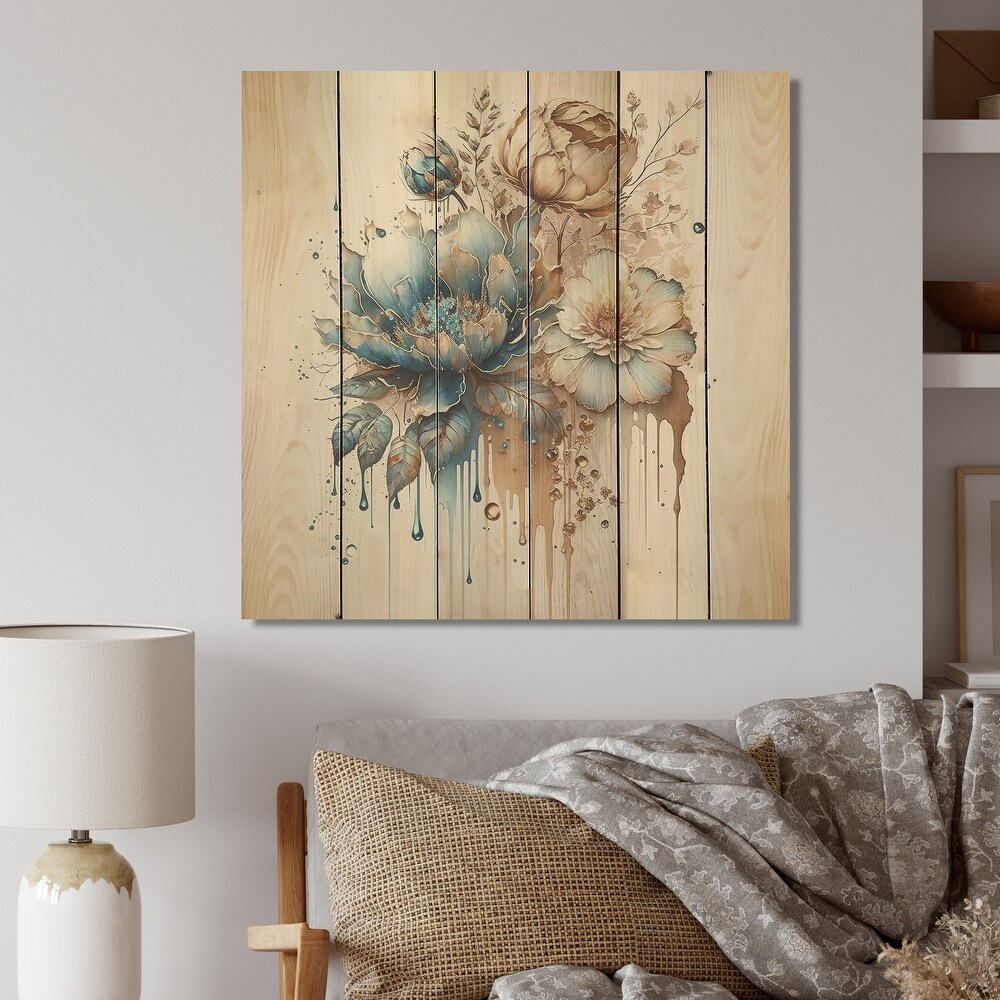 Designart 'Realistic Blooming Flowers III' Floral Bouquet Wood Wall Art   Natural Pine Wood