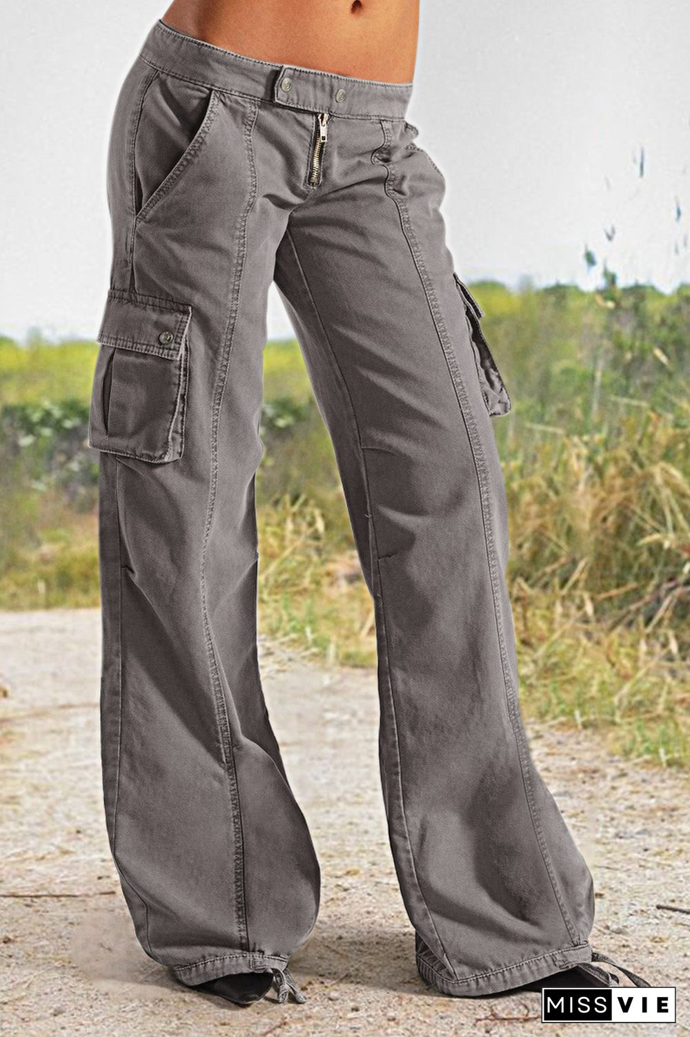 Flap Pocket Drawstring Low Rise Wide Leg Cargo Pants