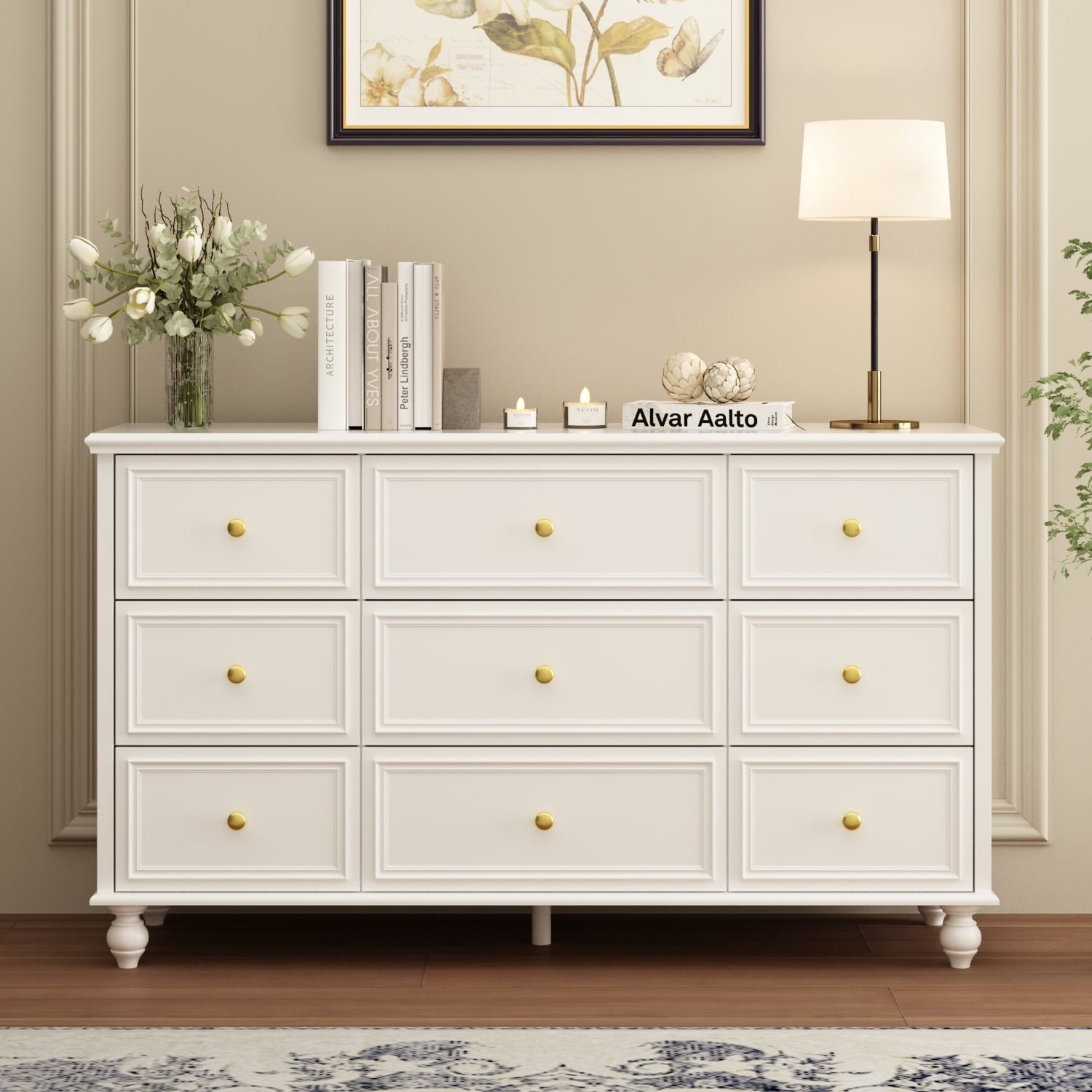 53.1 Timechee White Lacqered 9 Drawer Dresser Storage Cabinet Chest - - 36389810