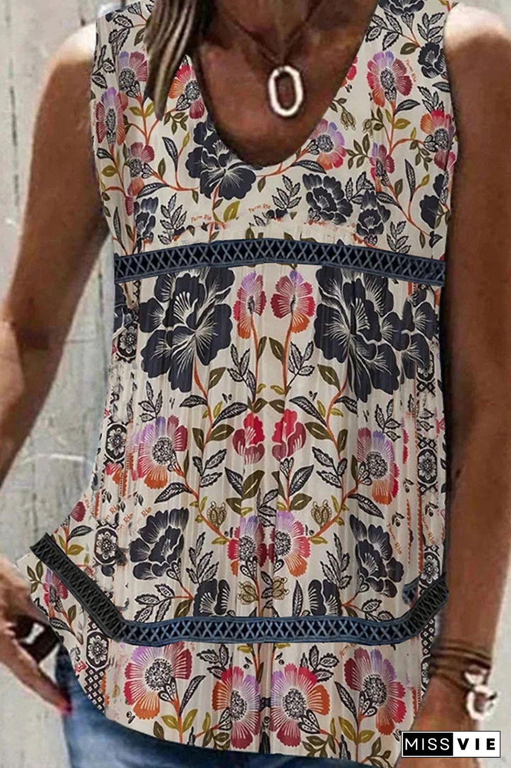 Printed V Neck Lace Splicing Tank Top