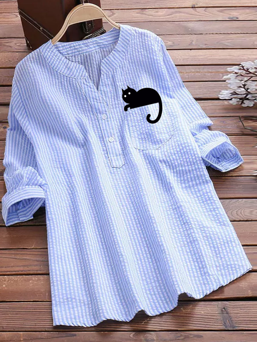 V-neck Casual Loose Striped Cat Print Long-sleeved Blouse